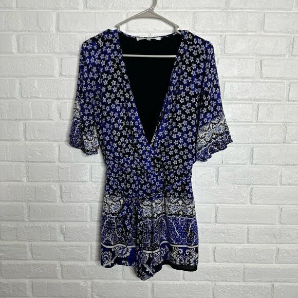 Lovers + Friends Isabelle Romper Belted Blue Scarf Floral size Small - Picture 3 of 7